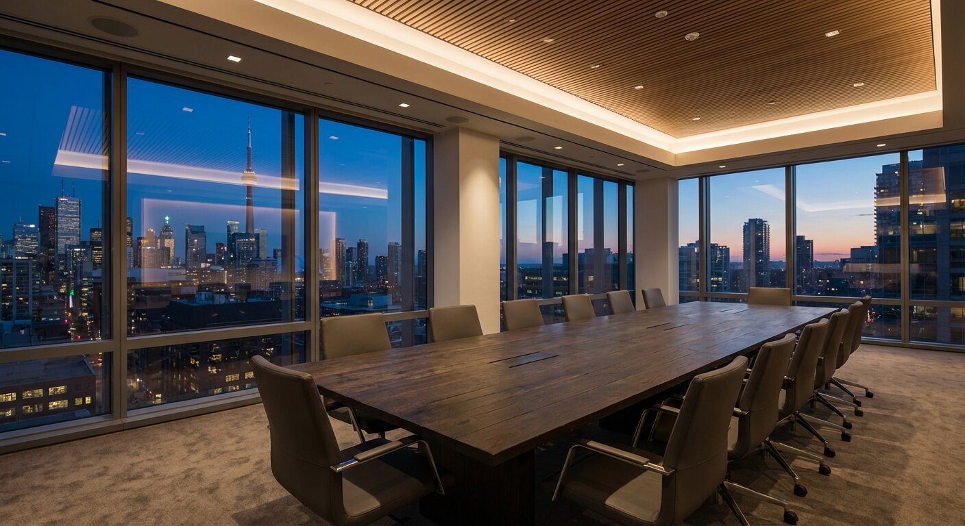 High-end empty boardroom with dark wood table and Toronto skyline backdrop