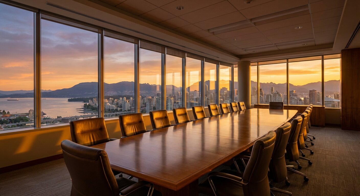 Premium empty boardroom with panoramic sunset view over a Canadian city