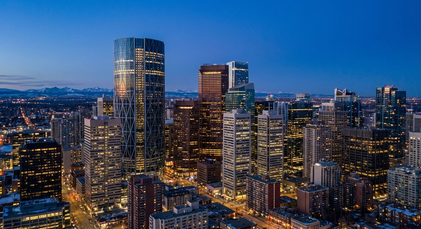 Aerial view of Calgary downtown office towers at blue hour