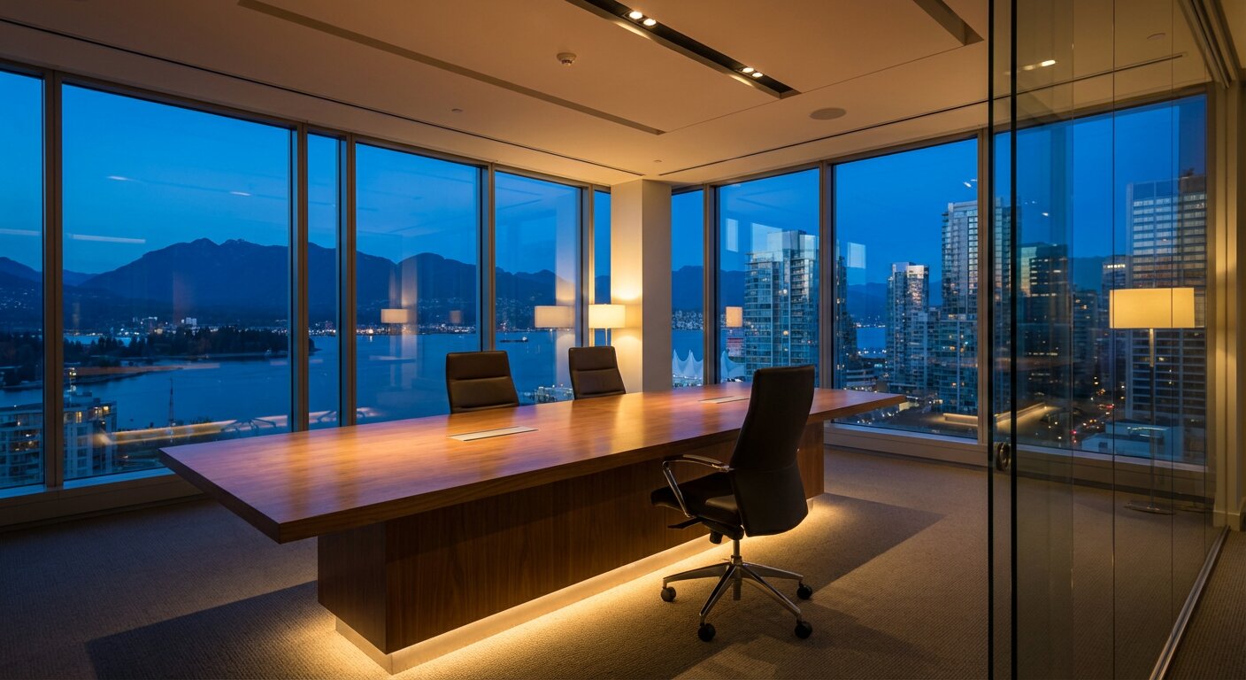 Empty modern boardroom overlooking Vancouver harbour at evening
