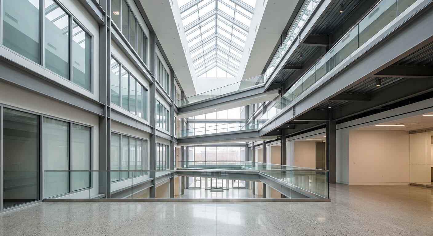 Multi-floor atrium of a modern Canadian office tower with glass and steel