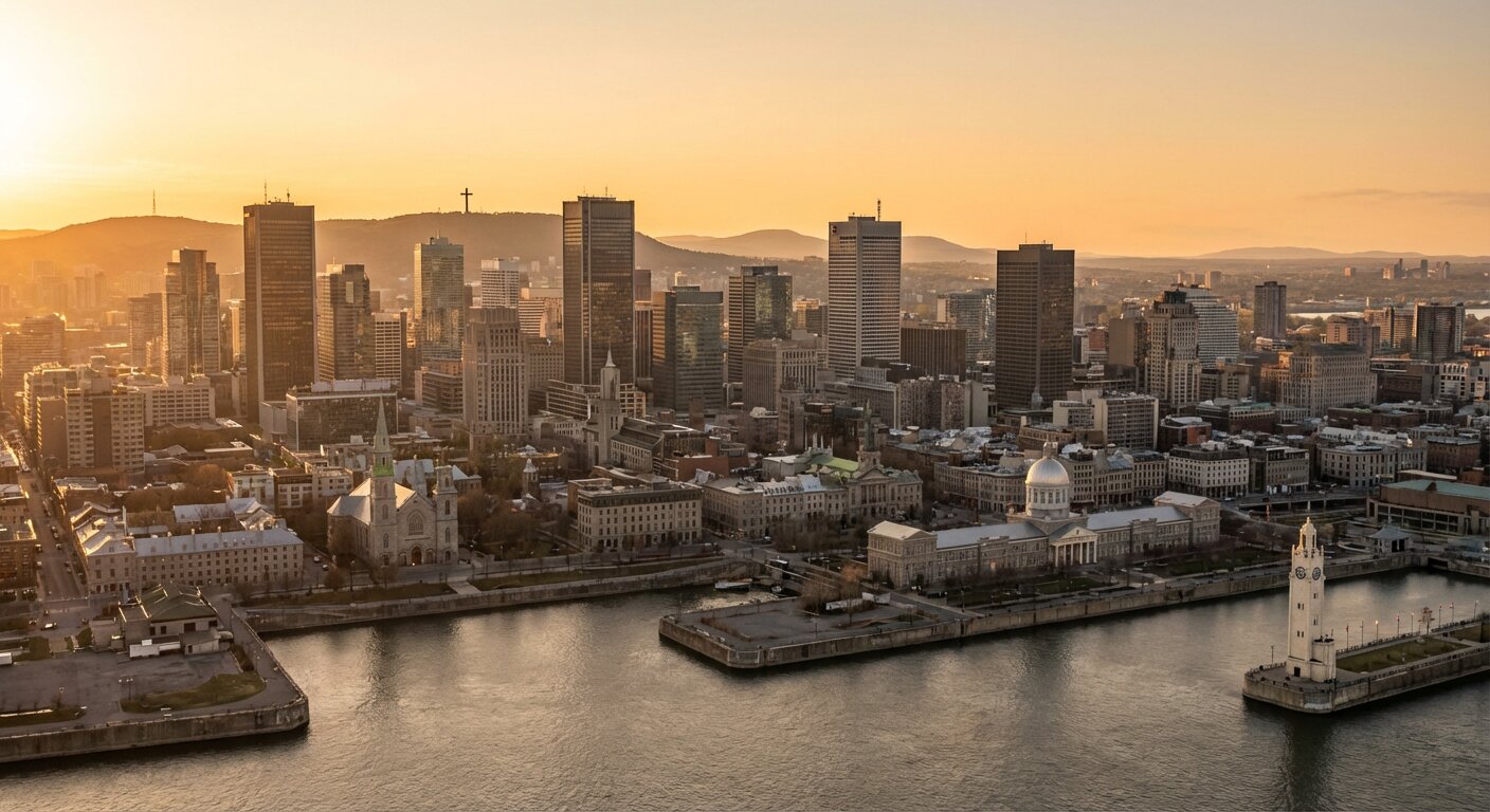 Sweeping aerial view of Montreal skyline at golden hour