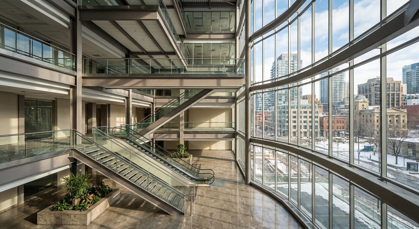 Multi-story office building atrium interior with steel and glass architecture