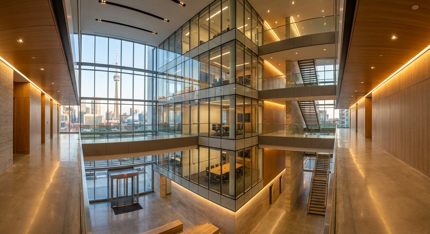 Sweeping modern law firm interior with glass offices and city skyline