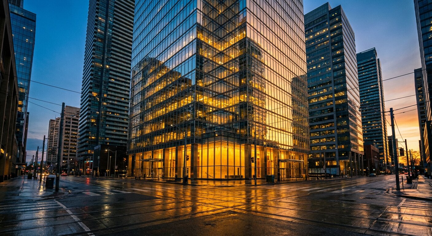 Modern glass office building at twilight with golden reflections
