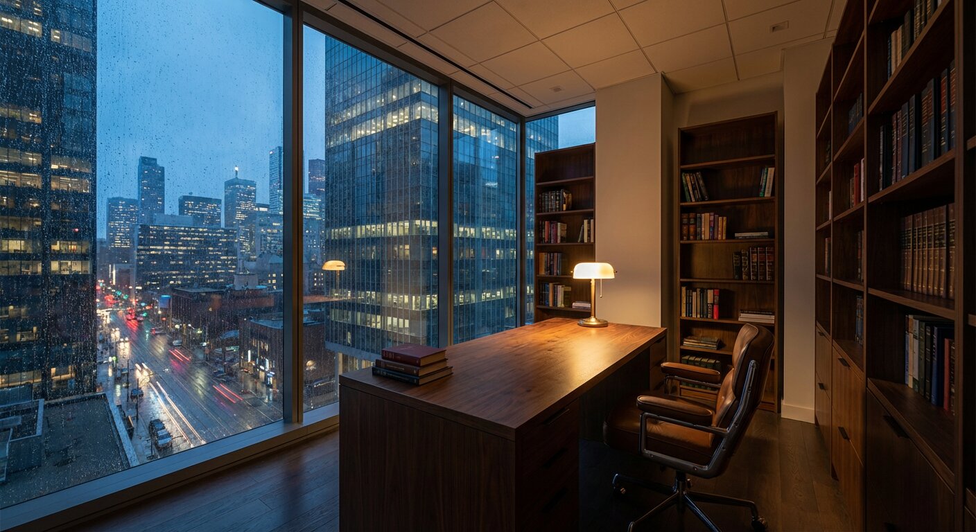 Private corner office at evening with warm lighting and city lights through window
