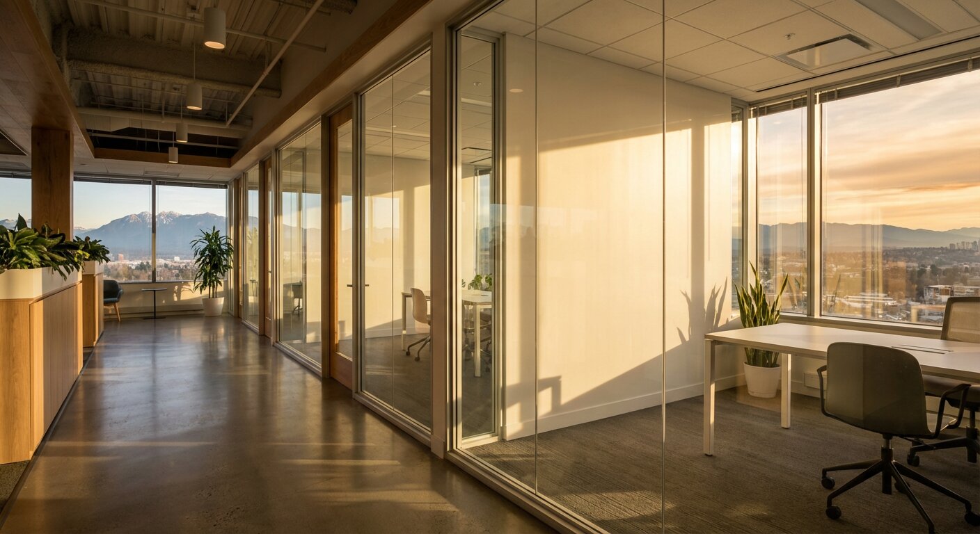 Modern open-plan office corridor with glass partitions and warm afternoon light