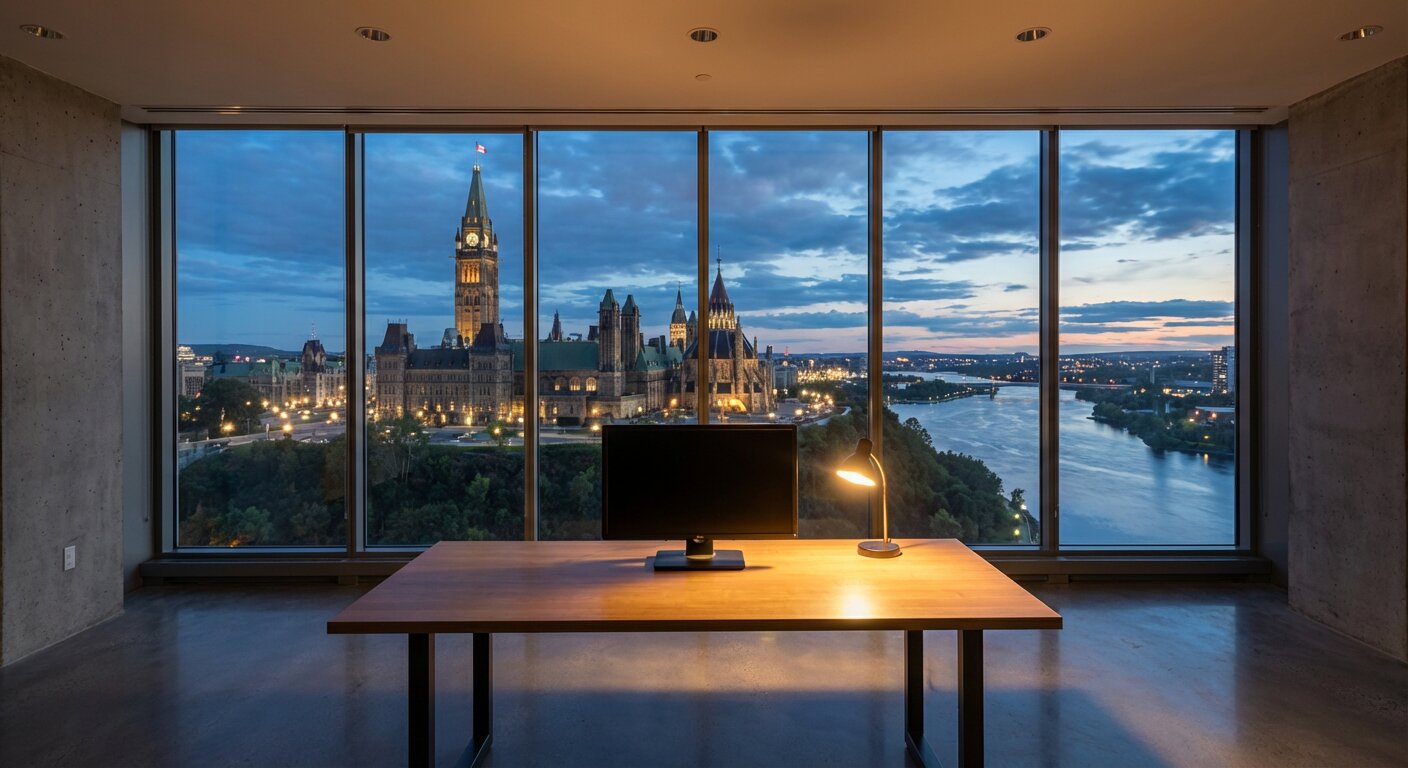 Clean minimalist workspace with window overlooking Ottawa Parliament Hill
