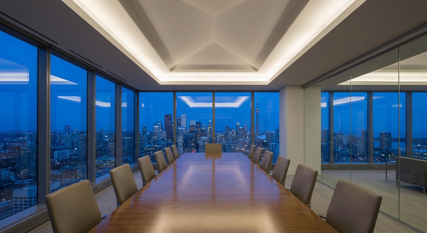 Large empty conference room with dramatic ceiling lighting and evening city view