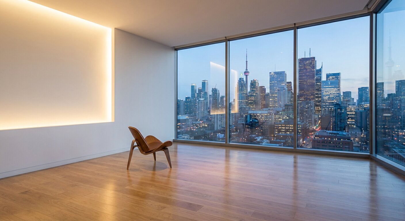 Minimal office with city view at dusk